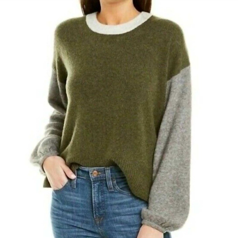 Madewell Colorblock Sleeve Sweater Merino Wool Alpaca Blend Olive Grey Size M
